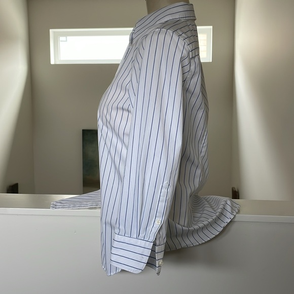 CHAPS Blue & White pinstriped No Iron blouse with three-quarter sleeves. - Picture 3 of 7